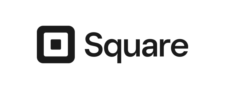 The image shows the logo of Square, consisting of a black, solid square with rounded corners containing a smaller, white square inside it. To the right of the icon, the word "Square" is written in bold, black letters.
